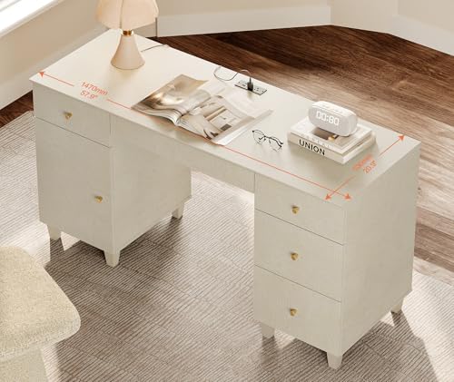 Image of WAMPAT Desk with Drawers & Storage Cabinet, 58 Inch Beige Wood Desk with Charging Station, Modern Home Office Large Wooden Executive Computer Desk, Vanity Desk for Bedroom