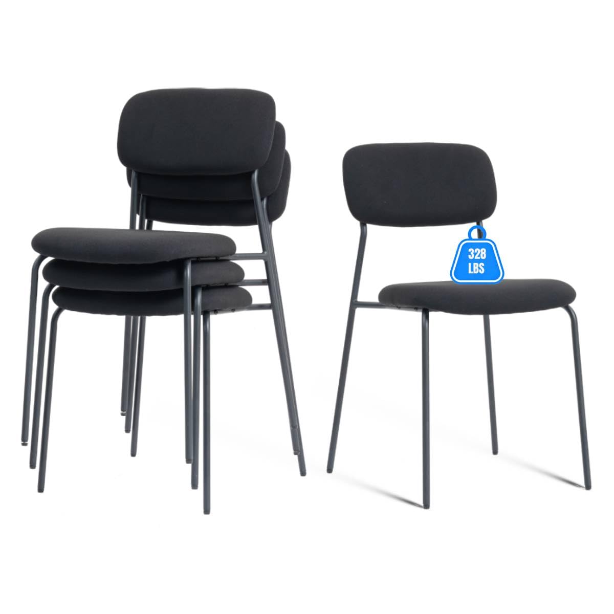 Black Stacking Chairs with Upholstered Fabric Seat and Back, Armless Guest Chairs with Metal Frames, Stackable Reception Chair for Waiting Area,