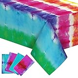 peony man 4 Pieces Tie Dye Tablecloth Rainbow Plastic Rectangle Table Cover Colorful Tablecloth for