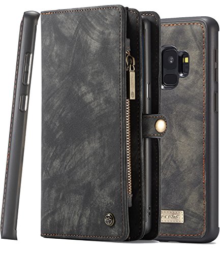 Galaxy S9 Wallet Case Detachable, XRPow 2 in 1 Magnetic Wallet for Samsung S9 Folio Flip Vegan Leather Credit Card Slots Cash Purse Zipper Pocket Shock Protection Removable Back Cover Black Gray