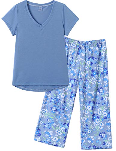 Hong HUI - Conjunto de pijama capri para mujer, talla grande, con pantalones capri, 2 piezas - Azul - S