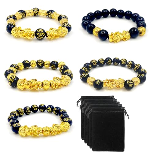 Image of 5 Pcs set Feng Shui Good Luck Bracelets 12mm for Men Women Chinese Fengshui Lucky Bracelet with Pixiu Dragon Charm Attracts Good Luck Wealth Money