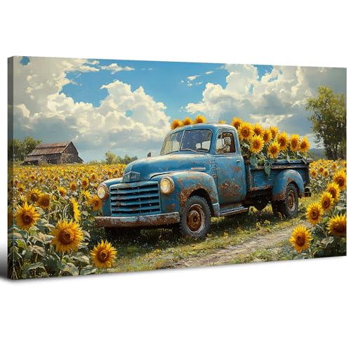 Sunflower Pictures Wall Decor Farmhouse Barn Truck Wall Art Sunflower Field Canvas Prints for Bedroom Bathroom Vintage Yellow Flowers Landscape Painting Artwork for Living Room Home Decorations 20x40