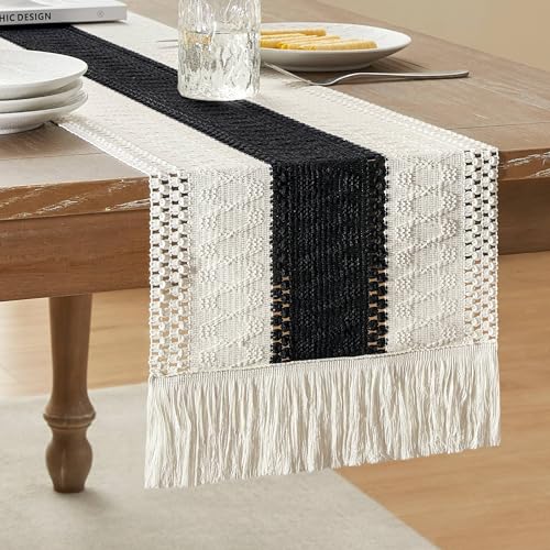 Image of ZeeMart Macrame Style Bicolor Stitching Table Runner, 12 x 108 Inch Black /Ivory, Boho Black Table Runners 108 Inches Long, Farmhouse Woven Home Decor