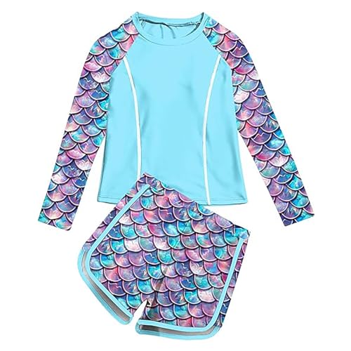 Traje de Baño Niña 2 Piezas Manga Larga Protección Solar, Estampado Top con Cremallera y Shorts Secado Rápido, Bañador Suaves Rash Guard Playa Piscina Ropa para 5-13 Años