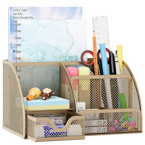 Image of EasyPAG Mesh Desk Organizer Office Supplies Caddy 6 Compartments with Drawer,Gold