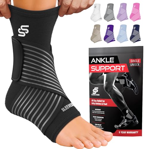 Sleeve Stars Ankle Brace for Women & Men, Ankle Wrap for Sprain, Compression Sleeve for Plantar Fasciitis Relief, Easy Customizable Support: w/Removable Strap (Single/Black)