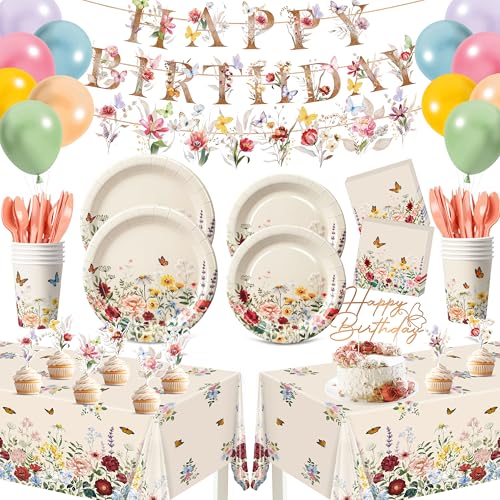 BORAMDO 206 PCS Wildflower Birthday Party Decoration Spring Floral Baby Shower Decor with Plates Napkins Cups Cutlery Tablecloths Cake Toppers Banner Balloons for Flower Garden Party Supplies(Vintage)