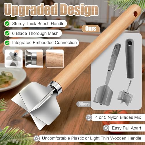 304 Stainless Steel Meat Chopper, 6-Blade Heavy Duty Ground Beef Meat Masher, 11 Inch Food Grade Hamburger Smasher Metal Kitchen Tool for Vegetable Puree Cooking — view 6