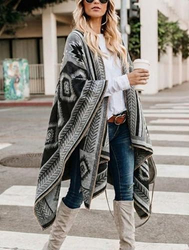 Image of Bestshe Women's Boho Open Front Poncho Plaid Shawl Wrap Cape | Tassel Cardigan Sweater, Cozy Layering, Fall Winter Clothes for Women