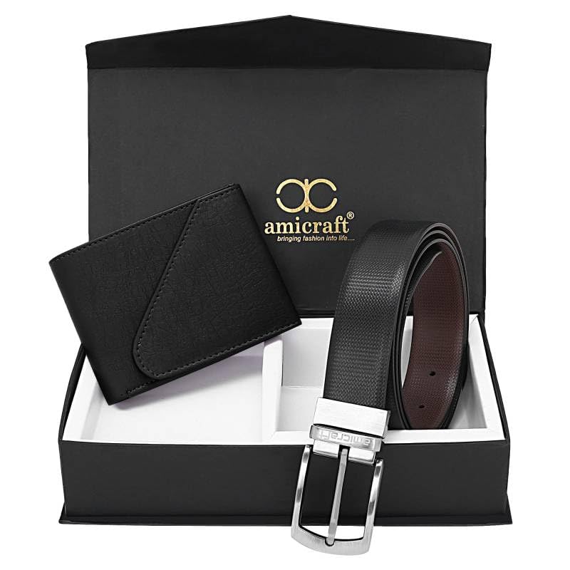 Image of Amicraft Faux Leather Men's Wallet & Belt Combo Set Black Brown Reversible Gift set