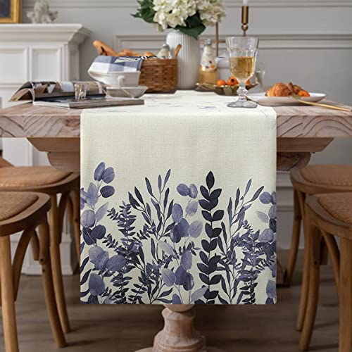 Chemin de Table en Lin Décor Moderne Eucalyptus Bleu Violet Collection de Table Décoration de Table à Manger à la Maison Feuilles Fall Decor Chemin de Table pour Pique-Nique Fête Cuisine 33 x 183 cm Cover