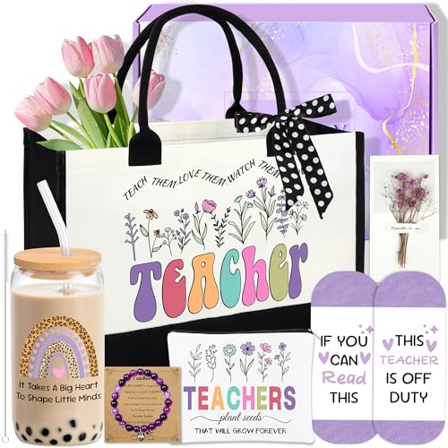 EcoUtens Teacher Appreciation Gifts Thank You Gifts for Women Teacher Thank You Baskets with Glass Cup Tote Bag Makeup Bag Bracelet