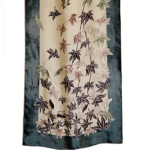 Silk Base Burn-out Velvet Shawl, 72" L x 21" W, Maple Leaf, Green-Brown Velvet on Beige Silk4