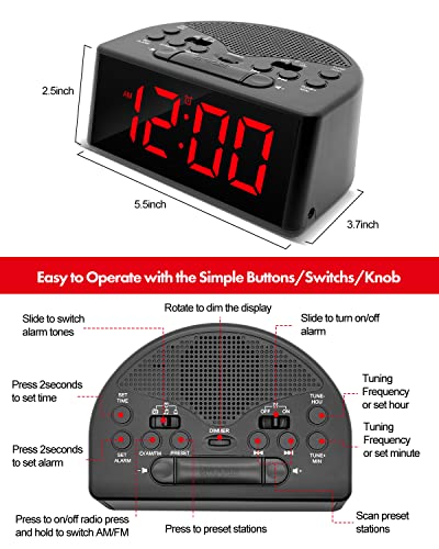 Ratakee Digital Alarm Clock Radio, AM/FM Radio with Preset and Sleep Timer- 1.4” LED Digits with Dimmer, Battery/Outlet Powered for Bedroom