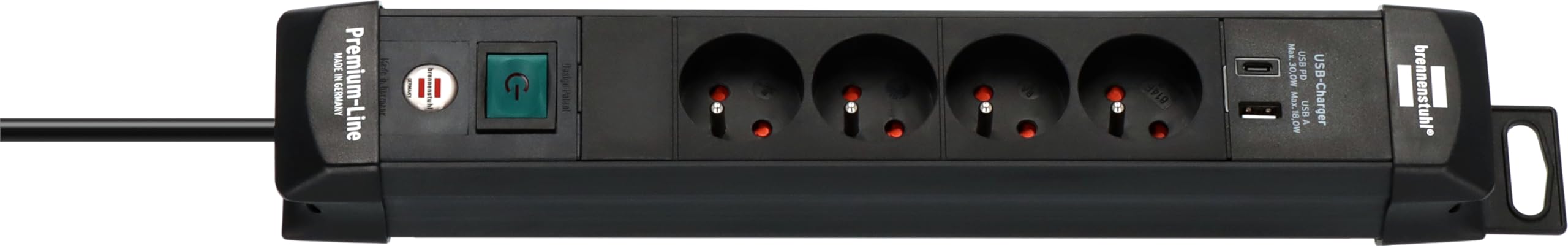 Brennenstuhl Premium-Line Steckdosenleiste mit 4 Steckdosen und USB C PD 30 W und USB A 18 W (Made in Germany, Steckdosenleiste mit Kabel und Schalter, Wandsteckdose 1,8 m, schwarz