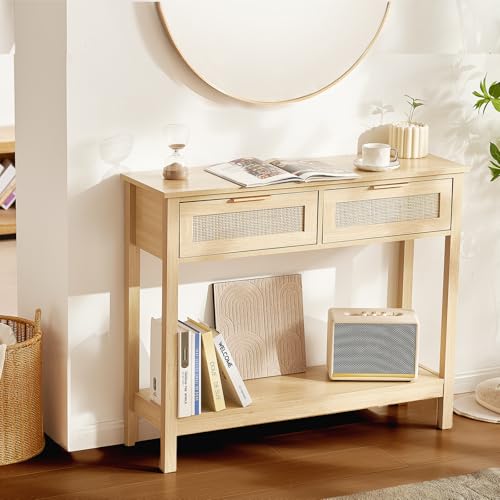 VEVOR Consola de Ratán con 2 Cajones, Estante y Puerta Corrediza Natural para Sala de Estar, Entrada o Pared de TV, Color Madera