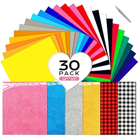 CHEPULA HTV Heat Transfer Vinyl Bundle 30 Pack, 12" x 10" Glitter Colors Permanent Iron on Vinyl for Cricut, HTV Vinyl Sheets for DIY T-Shirt, Clothes, Hats and Other Textiles(30 Sheets) Cover