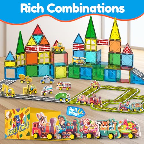 Oriate Rolling Magnet Train Set for Magnetic Tiles, 5pcs Magnet Tiles Toy Train for Road Magnetic Tiles, Free Wheel Animal Vehicles for City Magnetic, Kids Christmas Town Magnetic Tile Accessory - Image 2