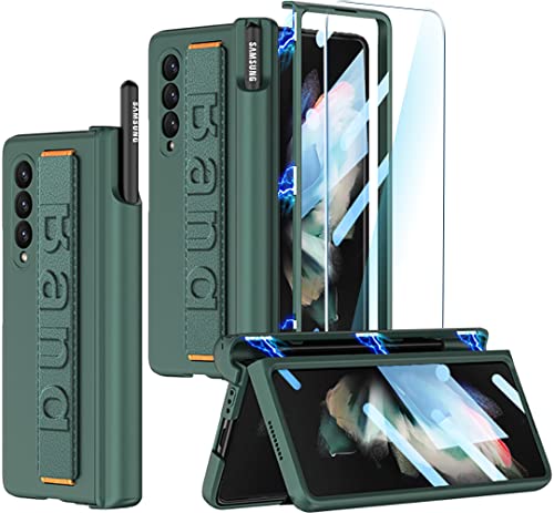SOUTEM for Samsung Galaxy Z Fold 3 Case with Wrist Strap & Screen Protector & S Pen Slot,Magnetic Hinge Protective Bumper Case Ultra Slim Shockproof Anti-Scratch for Samsung Z Fold 3 5G (Green)