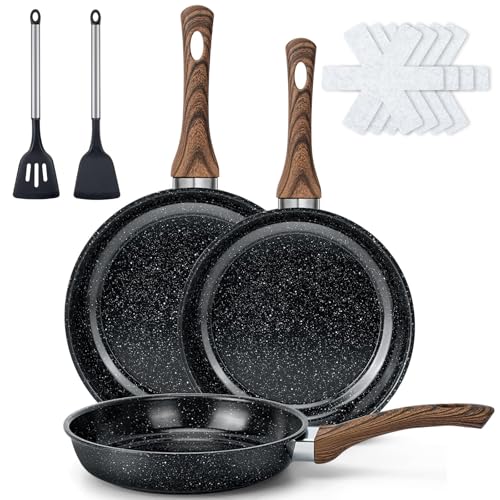 Colourcoco Frying Pan Set - 9 Pieces Non-Stick Induction Compatible Cookware with Heat Resistant Handles Dishwasher Safe Kitchen Pans Black