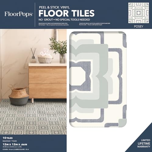 FloorPops 12-in by 12-in Teal Posey Vinyl Peel & Stick Floor Tiles (10 Tiles), (10 sq.ft./Carton)