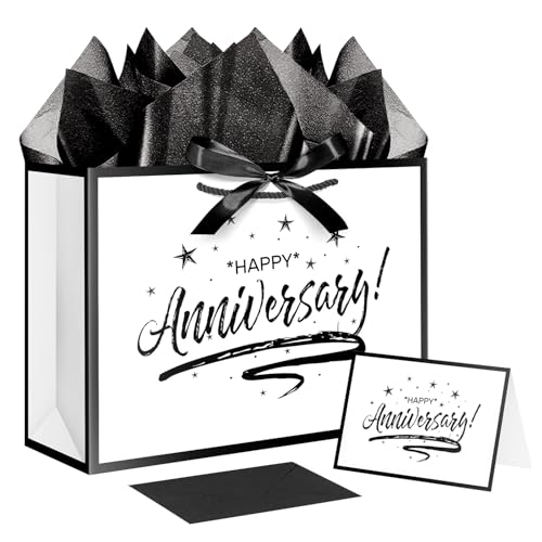 XiaosRen Happy Anniversary Bag with Tissue Papers and Card White Black Gift Bag with Ribbon for Men Women Anniversary Party Supplies (Star)