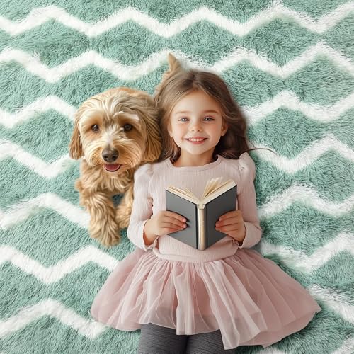 Soft Rug 5x8 Washable, Shaggy Fluffy Striped Shag Rugs for Living Room Bedroom Baby Nursery Girls Boys Kids Room Teens Dorm, Non-Slip Plush Chevron Indoor Floor Area Rug, Sage Green and White