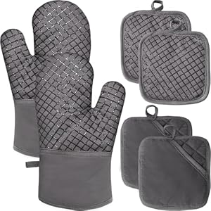 4 Pcs Oven Mitts and Pot Holders,High Heat 500°F Resistant Glove Potholder with Thick Cotton,Silicone Non-Slip Surface Long Kitchen Oven Glove for Cooking Baking Grilling(Grey)