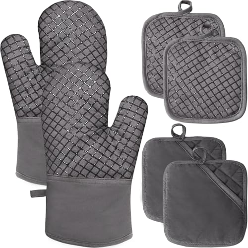 4 Pcs Oven Mitts and Pot Holders,High Heat 500°F Resistant Glove Potholder with Thick Cotton,Silicone Non-Slip Surface Long Kitchen Oven Glove for Cooking Baking Grilling(Grey)