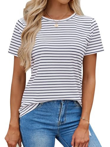 LilyCoco Women's Short Sleeve Striped Shirt Summer Crewneck T Shirt Basic Tops