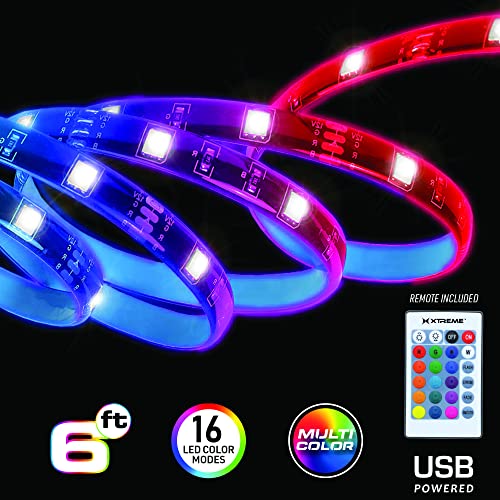 Image of XTREME 6ft Multicolor LED Strip, Customizable with Remote, 16 Color and 4 Modes, Ideal for Device Backlighting, USB-Powered from Items /Wall Adapter, Peel and Stick Installation