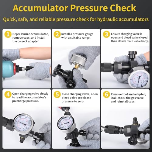 Image of Hydraulic Nitrogen Accumulator Charging Kit, Pressure Test System, Nitrogen Fill Kit, Gas Charge Tools with 3 Gauges (1500, 3500, 6000 PSI), 8 Adapters, 1 Gas Hose, Aluminum Suitcase