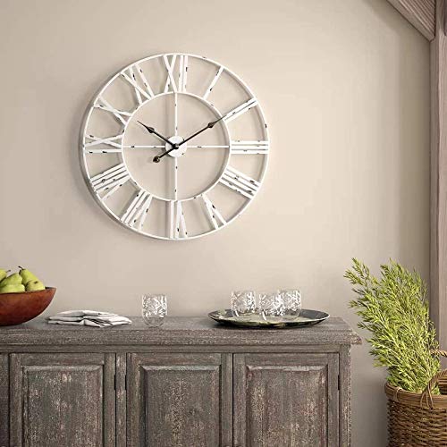 Wall Decor Clocks, European Vintage Clock with Large Roman Numerals, Indoor Silent Battery Operated Metal Clock for Home, Living Room, Kitchen & Den - 18 Inch, White