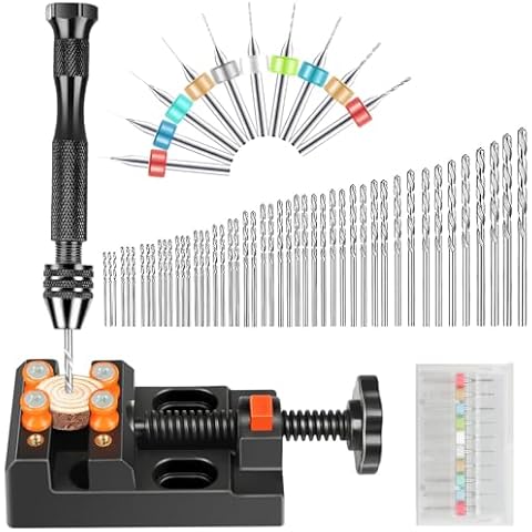 SUNJOYCO 60 Pieces Hand Drill Bits Set, Pin Vise Hand Drill, Micro Mini Twist Drill Bits PCB Drill Bits Bench Vise Tool for Resin Cover