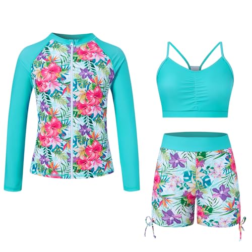 Image of Funnycokid Girls Swimsuit 3 Pieces Zip Rash Guard Bathing Suits Set Kids Bikini Boyshort Summer Swimwear 3-14 Years