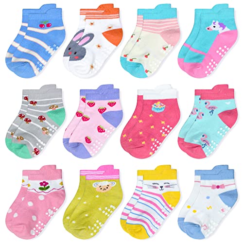 SkiBeaut Toddlers Kids Non Slip Socks Grips Sticky Slippery Crew Socks for 1-7 Years Old 12 Pairs Children Boys Girls Socks