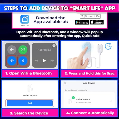 Image of amiciSense Water Leakage Sensor, WIFI Water Level Detector with 80dB Loud Alarm and SmartLife Mobile App Compatible