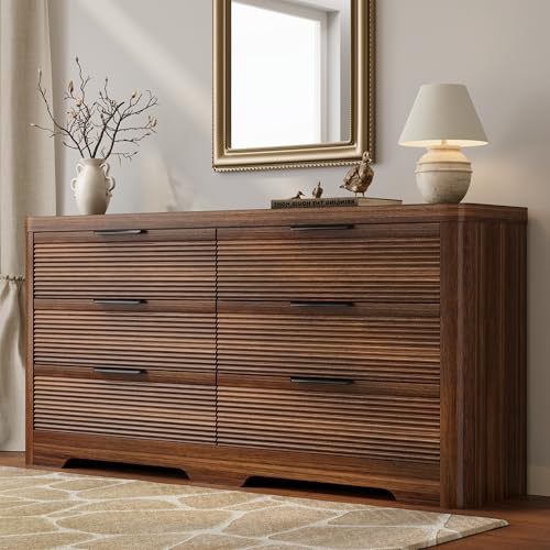 Image of FUSUNBAO Fluted 6 Drawer Dresser, Modern Wood Dresser for Bedroom,TV Stand,Thickened Curved Profile Design,Bedroom,Entryway,Wood Drawer Organizer (Dark Walnut)