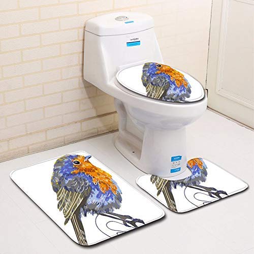 Lisay Alfombrilla de baño antideslizante de tres piezas, juego de alfombra antideslizante de secado rápido, alfombrilla de baño en forma de U y cubierta de inodoro, pájaro de baño pintado