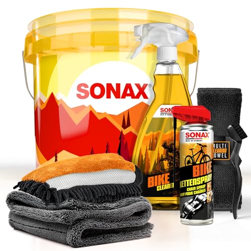 Fahrrad Reinigungsset | Sonax Bike Cleaner Fahrradreiniger 1l + Kettenspray + Kettenbürste + Wascheimer + Waschhandschuh + Trockentuch | Fahrradpflege Set | Putzset für E-Bike Mountainbike Rennrad