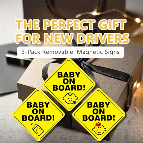 Image of 3-Pack Baby On Board Sign Magnets - Cute & Essential Baby Gift - Bright Yellow, Durable & Removable Safety Signs for Car, Truck, Van, Bumper - 5 inchx5 inch
