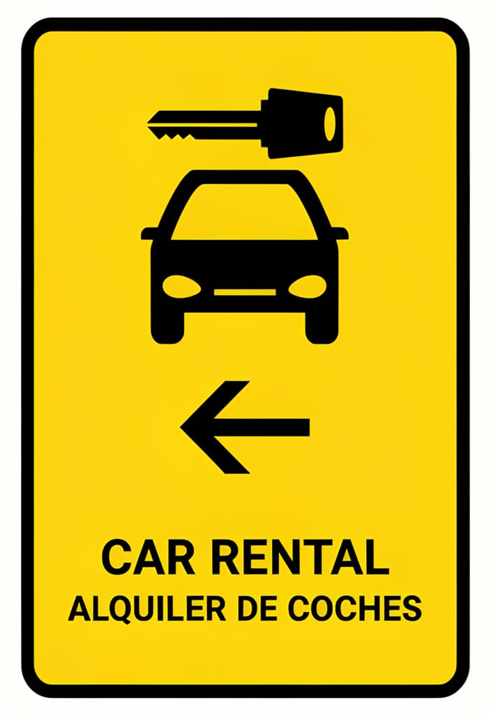 peiyeety Car Rental Direction Tin Sign 12x8 Inch, Yellow & Black Bilingual CAR RENTAL/ALQUILER DE COCHES Metal Wall Decor with Left Arrow, Vintage-Style Garage Office Travel Decor Gift