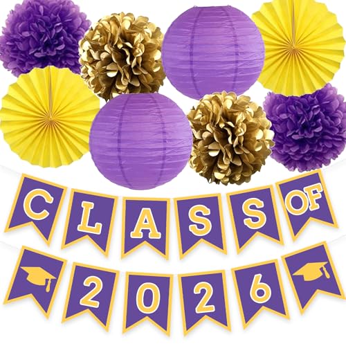 Image of Purple Yellow Graduation Party Decoration Class Banner Hanging Pom Poms Flowers High School College Grad Supplies
