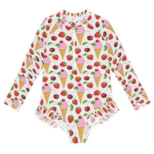 ALAZA Strawberry Cherry Fruit Ice Cream Girls One Piece Swimsuit Long Sleeve Rash Guard Swimsuits UV 50+ Swimwear Zipper