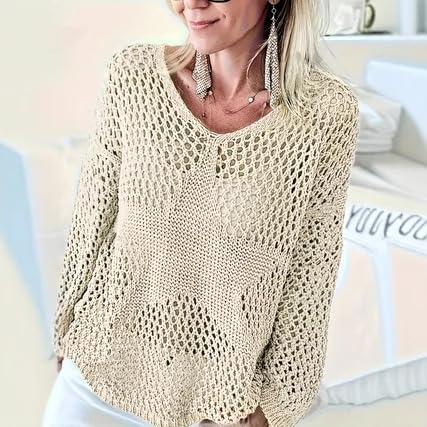 Womens Summer Crochet Hollow Out V-Neck Star Graphic Pullover Sweater Knit Tops Shirts Beach Cover Ups Streetwear2