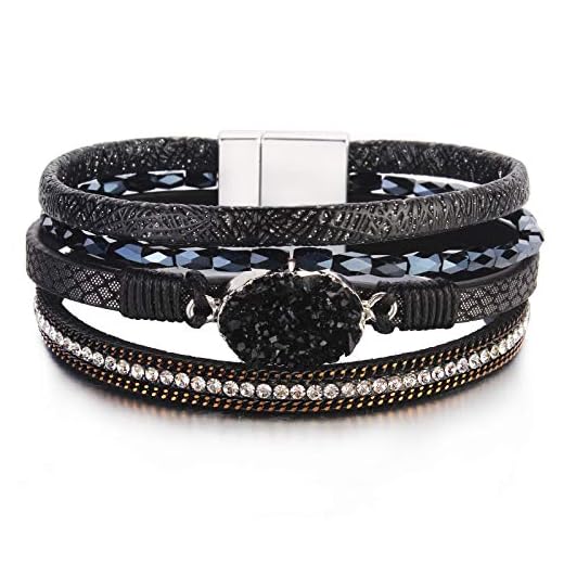 Leather Wrap Bracelet Boho Cuff Bracelets Crystal Bead Bracelet with Magnetic Clasp for Women Handmade Layered Bracelet for Women Teens(7.7", Black)