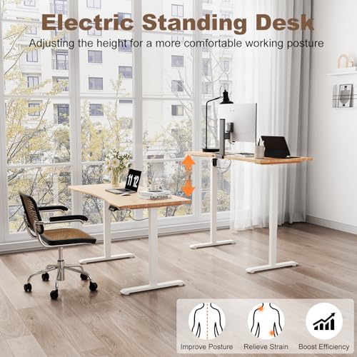 Image of Solid Wood Electric Standing Desk 55 inchx23.6 inchHome Office Desk,Adjustable Workbench with 3 Stages Single Motor, Computer Workstation with T-Shaped Metal Bracket,Natural Standing Desk for Gaming(1 Box)