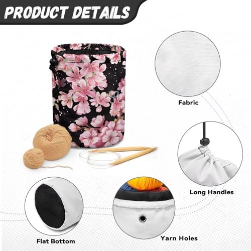 Image of Sellikakes Cherry Blossom Yarn Bag Organizer, Crochet Storage Case Round Knit Skein Ball Basket Crochet Supplies Accessories Organizer Store Skein Ball Short Knitting Needles