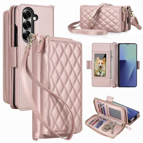 Étui Samsung Galaxy Z Fold 4 portefeuille zippé avec grande lanière et protection intégrale rose